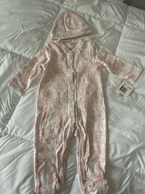 Pink Damask Baby Footed One-Piece with Hat